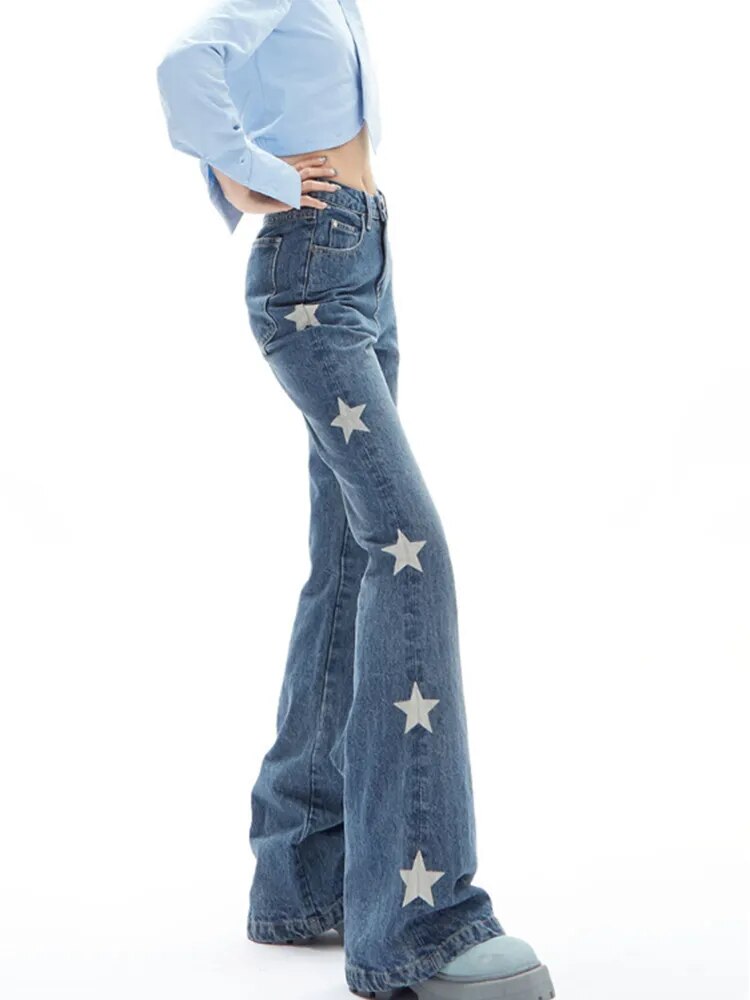 Retro Stars Print Women Solid Color Denim Flare Pants 2023 Summer New High Waist Female Full Length Bell-Bottom Vintage Chic
