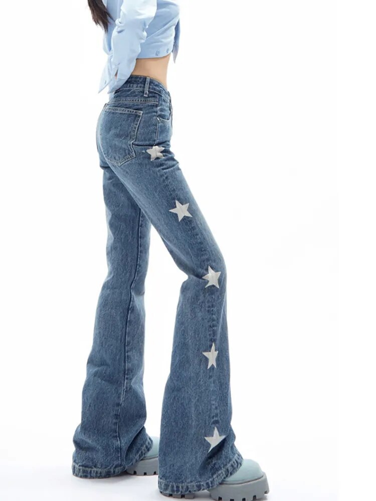 Retro Stars Print Women Solid Color Denim Flare Pants 2023 Summer New High Waist Female Full Length Bell-Bottom Vintage Chic